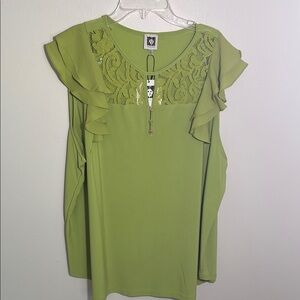 Anne Klein Green Ruffled Blouse with Lace Neckline